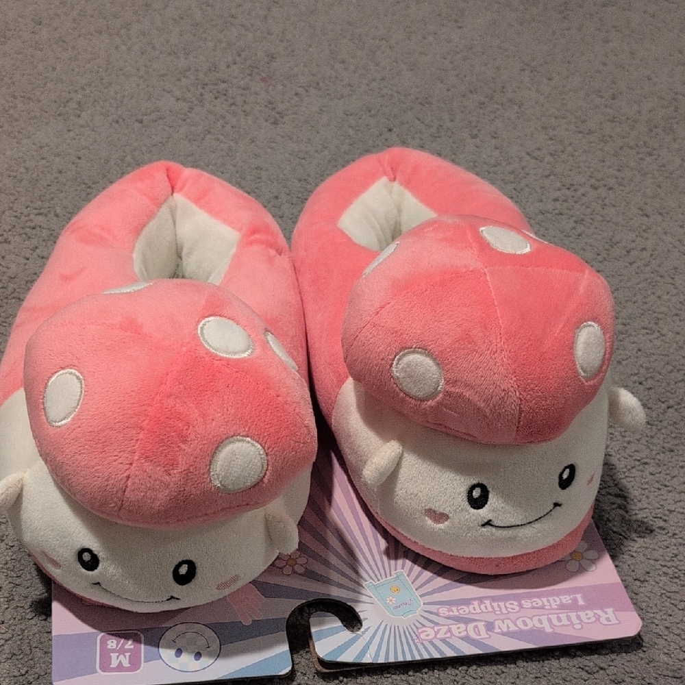 Pink Mushroom Plush Slippers